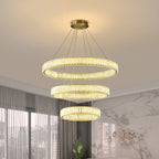 Maison Ornate Modern LED Crystal Pendant Light with three illuminated crystal rings, elegant chandelier design.