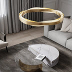 Maison Ornate Golden Crystal Chandelier with Modern LED Rings, luxurious gold finish, ambient lighting.