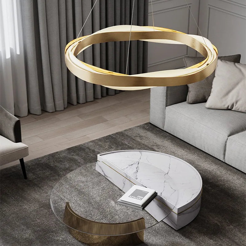 Maison Ornate Golden Crystal Chandelier with Modern LED Rings, luxurious gold finish, ambient lighting.