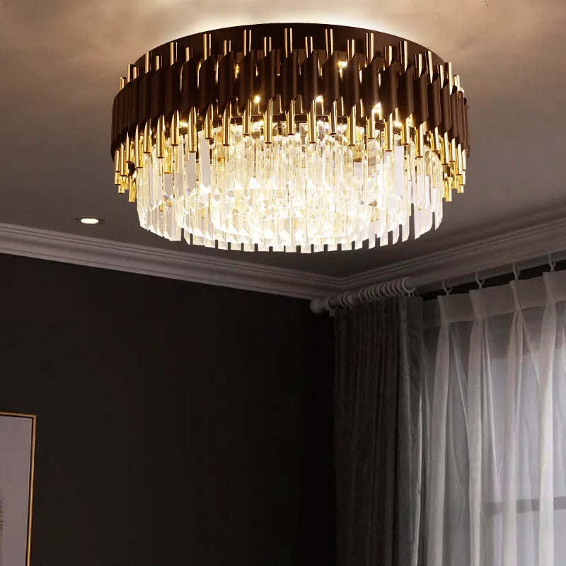 Maison Ornate Modern LED Crystal Gold Lustre chandelier with elegant crystal and gold accents.