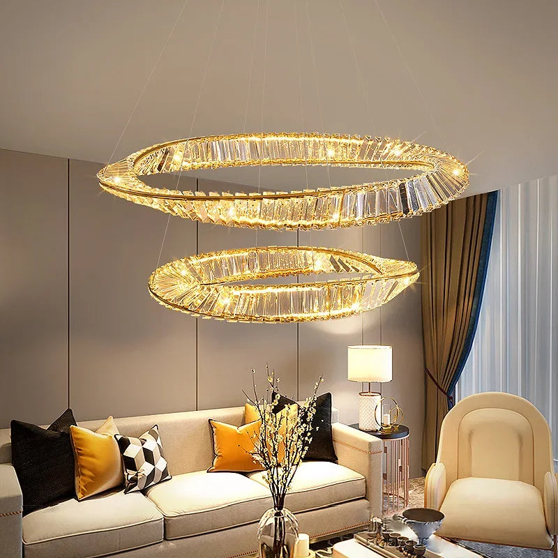 Maison Ornate K9 Crystal Chandelier with Irregular Rings and LED, casting elegant warm light.