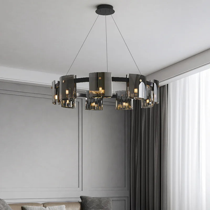 Elegant Maison Ornate Scandinavian chandelier with dark glass shades and exposed LED bulbs.