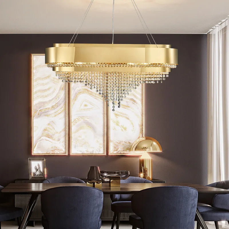 Maison Ornate’s Modern Elegant Crystal Gold Chandelier features sparkling accents and sleek, refined lines.