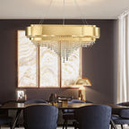 Maison Ornate’s Modern Elegant Crystal Gold Chandelier features sparkling accents and sleek, refined lines.