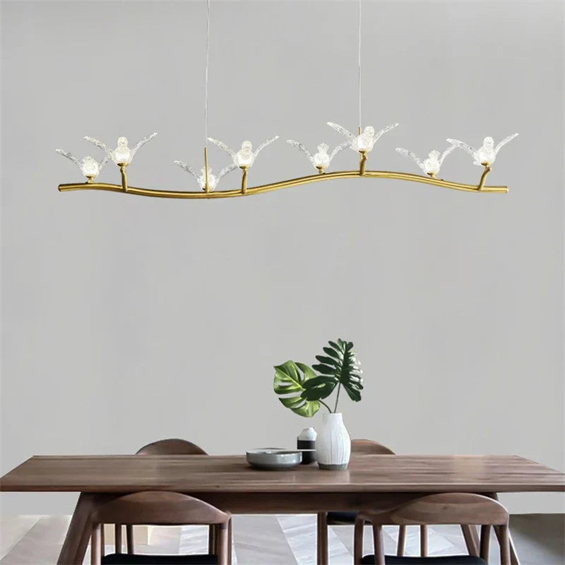 Maison Ornate Golden Crystal Chandelier with Bird-Shaped LED Lamp, branch-inspired with decorative bird lights.