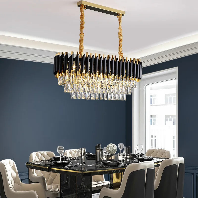 Maison Ornate K9 Crystal Modern Luxury LED Hallway Chandelier with gold accents and prisms.