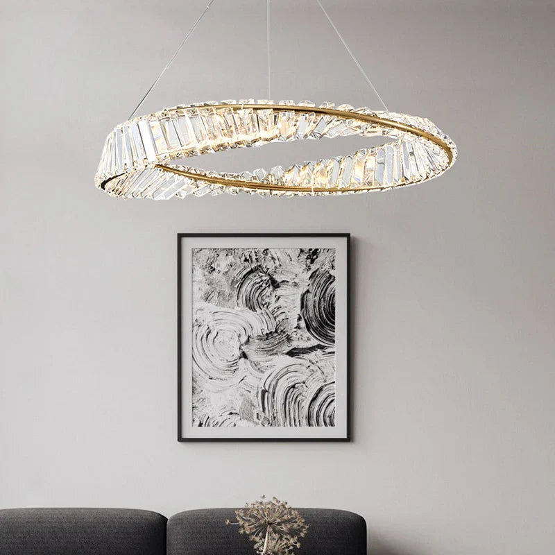 Maison Ornate Modern Crystal Chandelier with Hanging Rings, featuring layered rings and sparkling crystals.