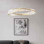 Maison Ornate Modern Crystal Chandelier with Hanging Rings, featuring layered rings and sparkling crystals.