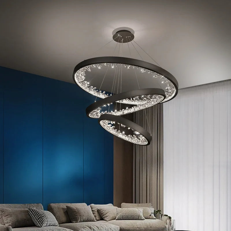 Maison Ornate Modern Villa Crystal Chandelier with LED, dimmable three-ring design, sleek and contemporary.