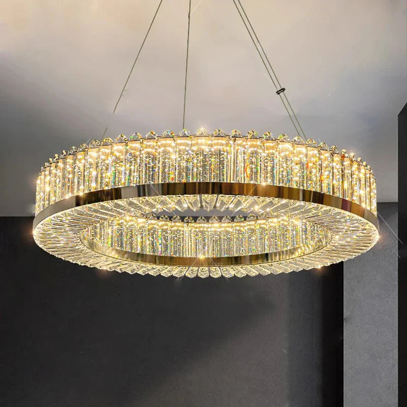 Maison Ornate Crystal LED Chandelier with two gold rings, crystal prisms, warm dimmable glow.