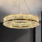Maison Ornate Crystal LED Chandelier with two gold rings, crystal prisms, warm dimmable glow.