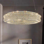 Maison Ornate Crystal Ball Pendant: two-tier circular chandelier, sparkling light, stainless steel adjustable cord.