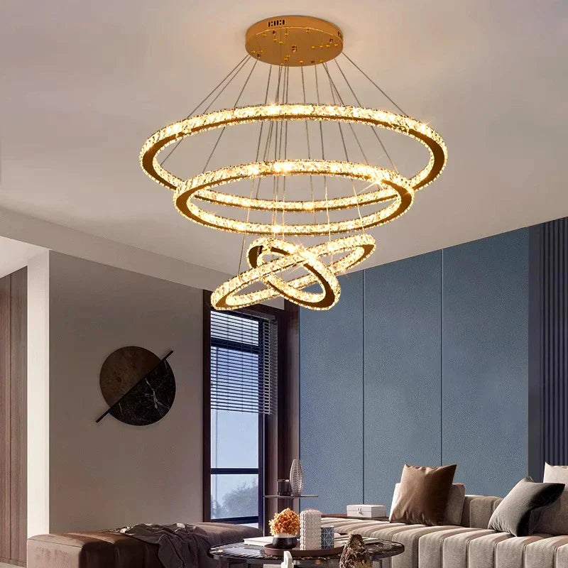 Maison Ornate Modern LED Crystal Hanging Light chandelier with intricate crystal detailing and contemporary design.