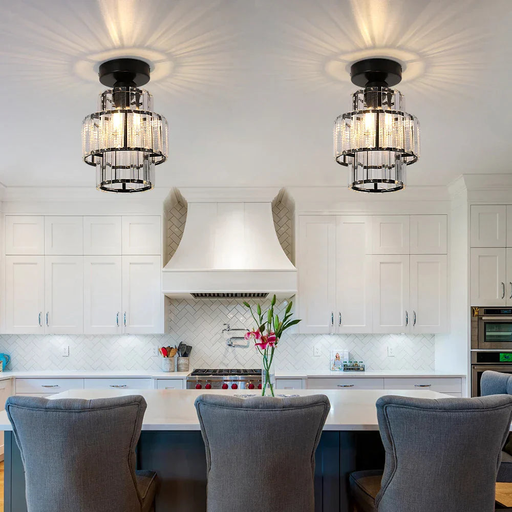 Maison Ornate Modern K9 Crystal LED Hanging Light chandelier with glass and metal accents.