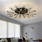 Maison Ornate Golden or Black Crystal Chandelier with LED, black branches, leaf-like lights.