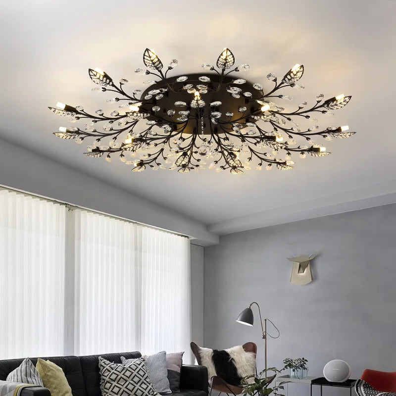 Maison Ornate Golden or Black Crystal Chandelier with LED, black branches, leaf-like lights.