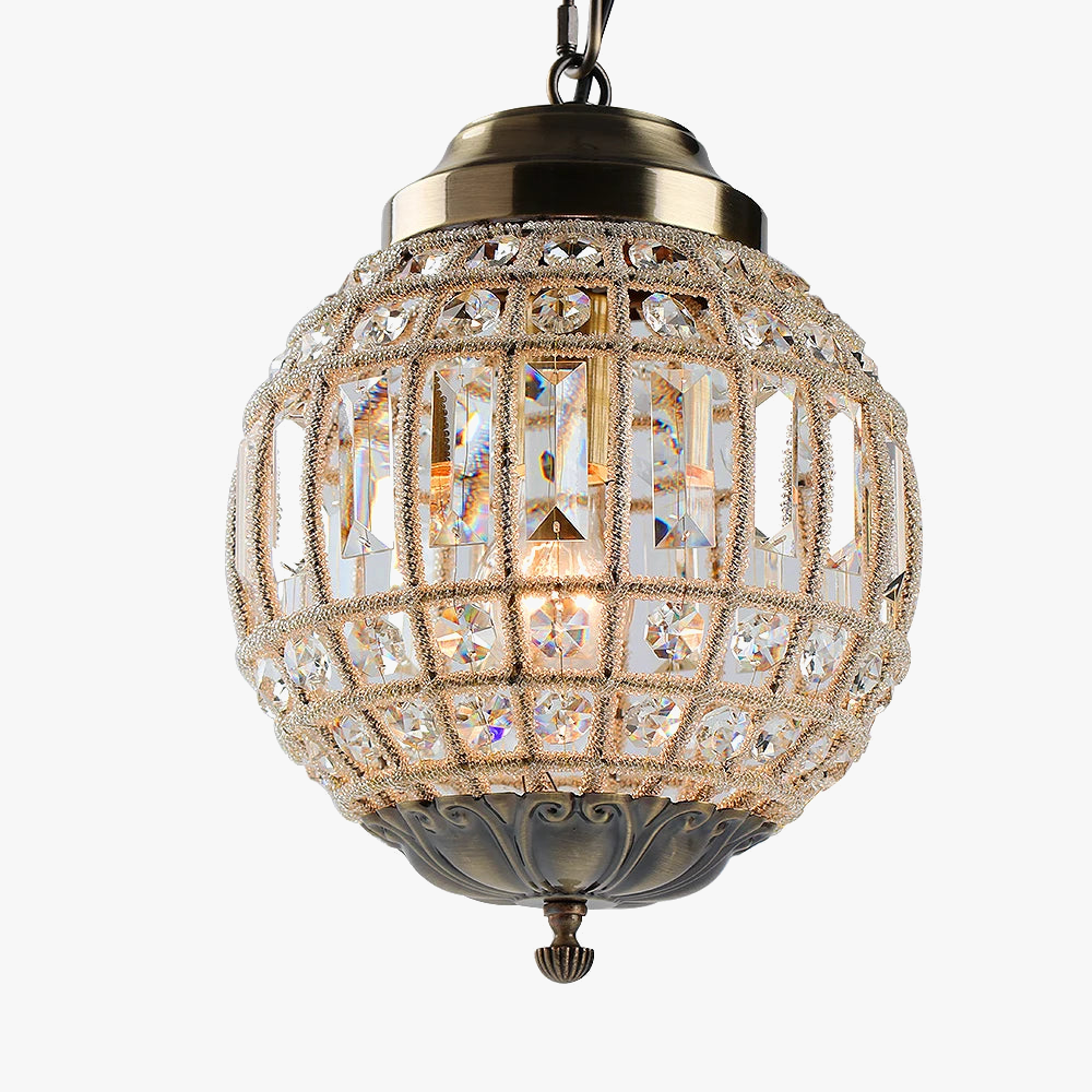Brass-toned Empire style crystal glass chandelier with intricate details and single illuminated LED bulb.