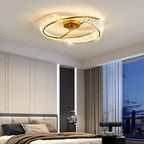 Maison Ornate’s Modern Dimmable LED Crystal Glass Chandelier with Rings, elegantly suspended and illuminated.
