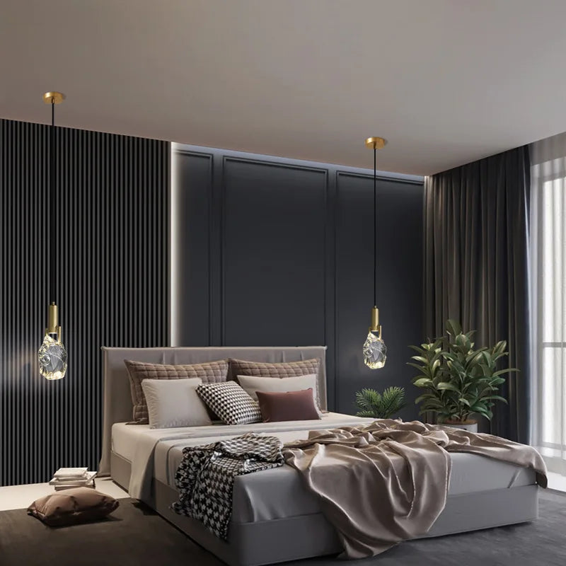 Maison Ornate Modern Minimalist Copper Crystal Bedroom Chandelier with elegant crystal accents, copper finish, and sleek pendant design.