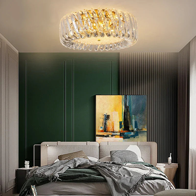 Maison Ornate LED Crystal Chandelier, modern round shape with clear ribbed glass detailing.