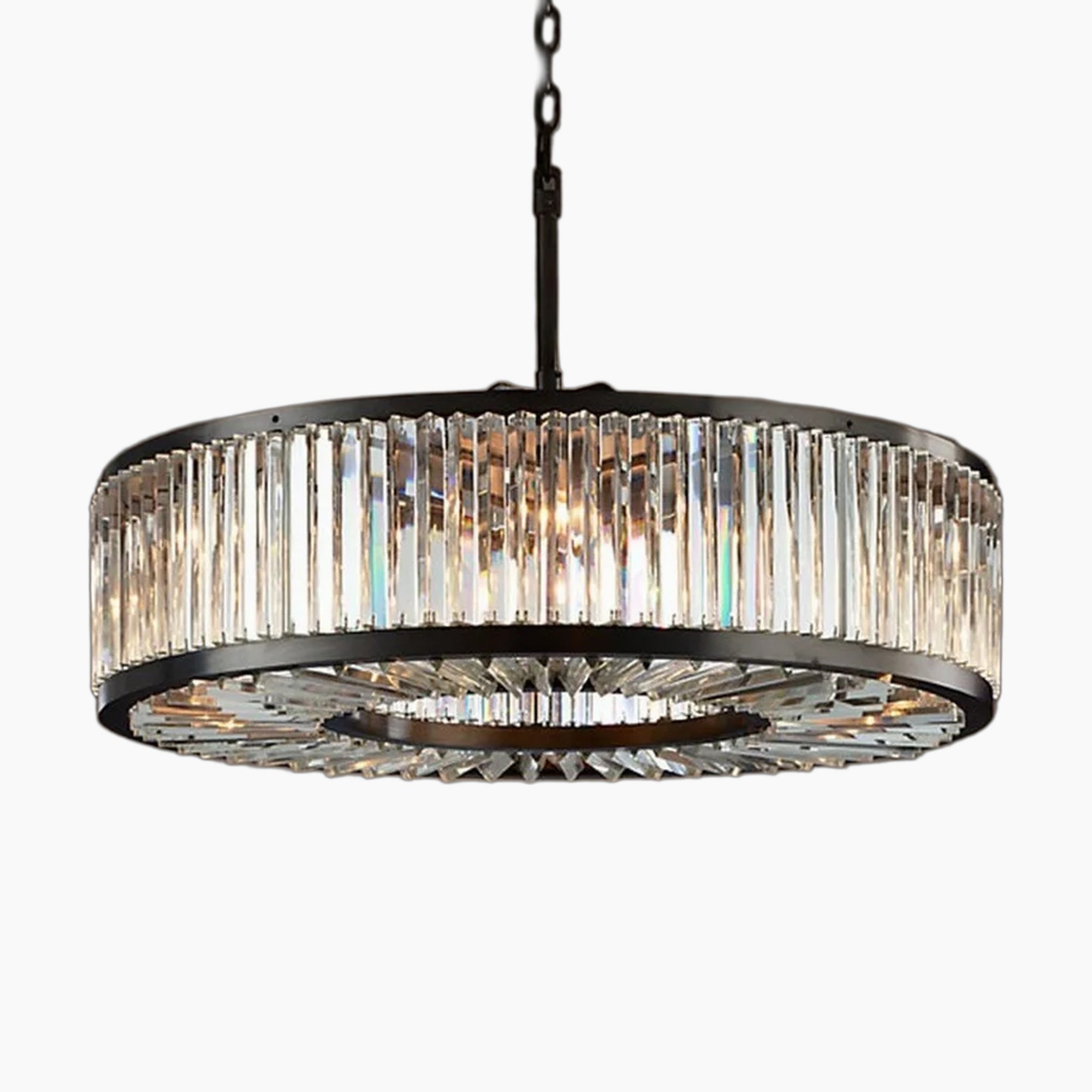 Black metal chandelier with vertical glass crystal prisms, sparkling reflections, elegant ornate vintage modern design.