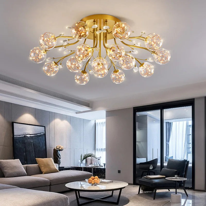 Maison Ornate Golden Crystal Chandelier with LED Lighting, glass flowers, and elegant globe accents.