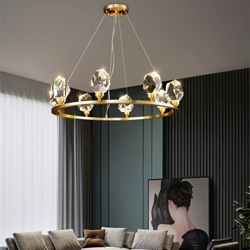 Maison Ornate Nordic Crystal LED chandelier, dimmable, elegant crystal design, modern lighting focus.