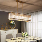 Maison Ornate Modern Rectangular LED Crystal Ceiling Pendant with gold accents, elegant contemporary chandelier.