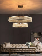 Two Maison Ornate Modern Crystal Ball Chandeliers with luxury rings, elegantly suspended and sparkling.