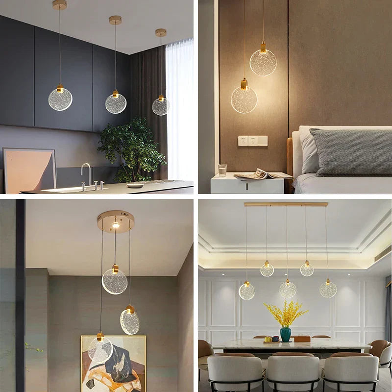 A collage featuring Maison Ornate Nordic Design LED Crystal Hallway Chandeliers with gold fixtures.