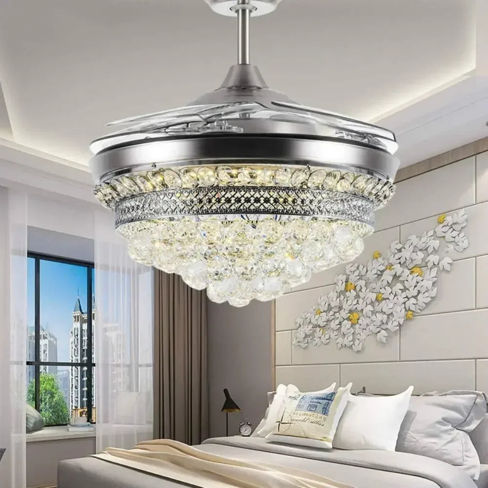Maison Ornate Crystal Bedroom Chandelier with Integrated LED Fan, featuring sparkling glass accents.