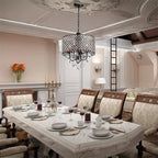 Maison Ornate’s Vintage American Style Crystal Iron Chandelier with intricate crystal details and elegant ironwork, softly illuminated.