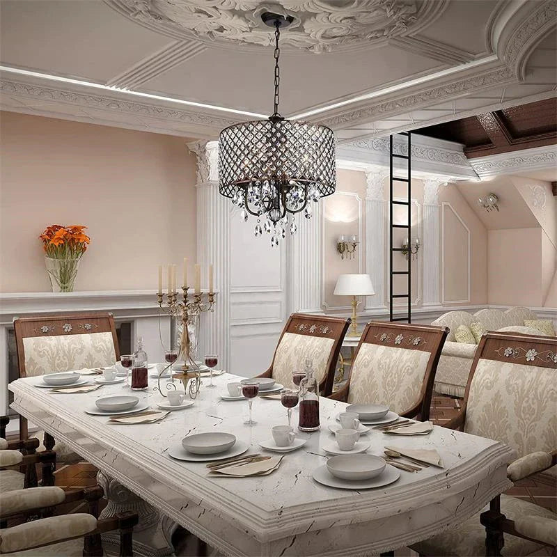 Maison Ornate’s Vintage American Style Crystal Iron Chandelier with intricate crystal details and elegant ironwork, softly illuminated.
