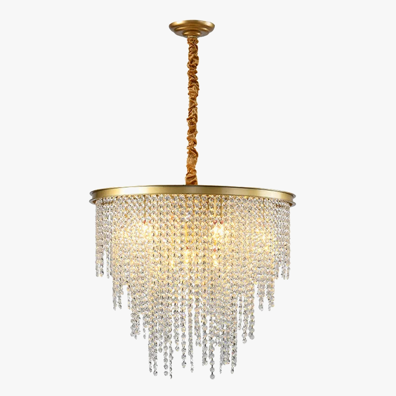 Maison Ornate Modern Crystal Chandelier with gold chain, cascading clear crystals, and shining gold canopy.