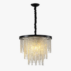 Multi-tiered crystal chandelier with gold chain, featuring illuminated prisms in an ornate, modern design.