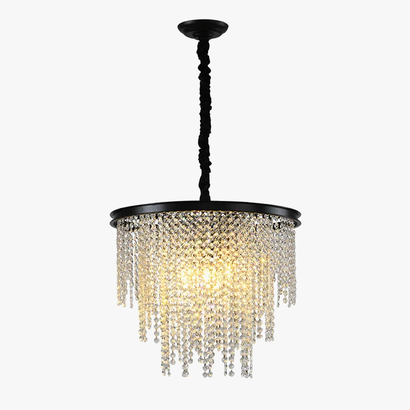 Multi-tiered crystal chandelier with gold chain, featuring illuminated prisms in an ornate, modern design.