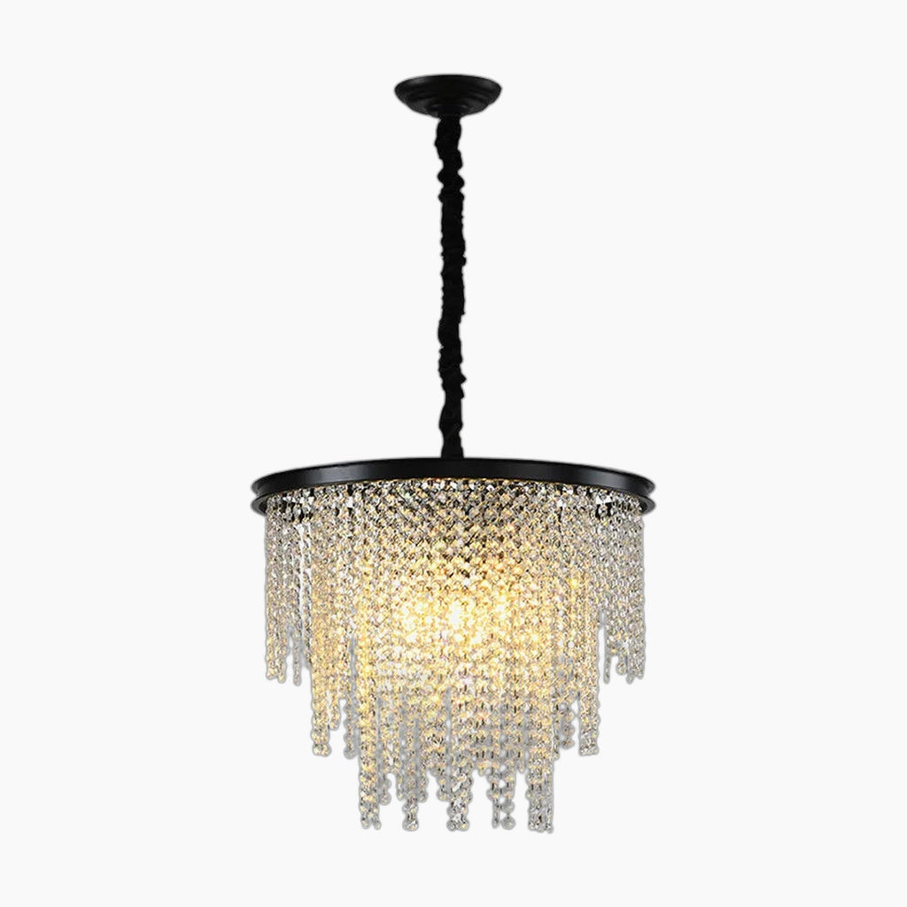 Ornate modern crystal chandelier with central light, crystal prisms, round gold-framed chain suspension.