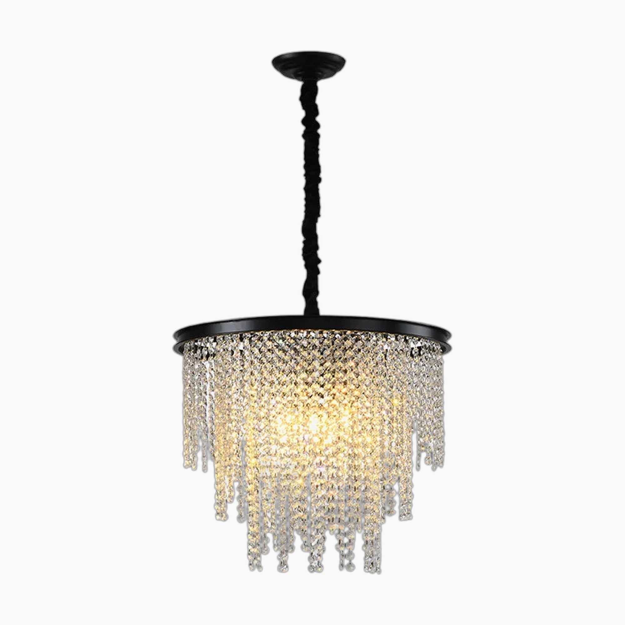 Ornate modern crystal chandelier with central light, crystal prisms, round gold-framed chain suspension.
