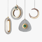 Art Deco chandelier with four geometric crystal pendants, gold-emerald suspension, bronze and gold details.