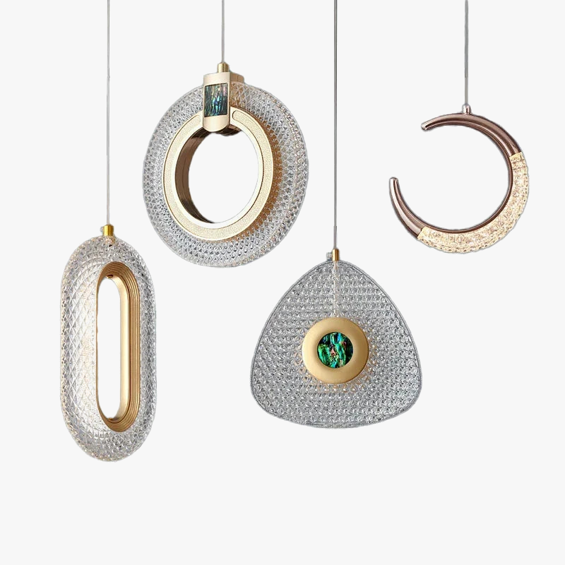 Art Deco chandelier with four geometric crystal pendants, gold-emerald suspension, bronze and gold details.