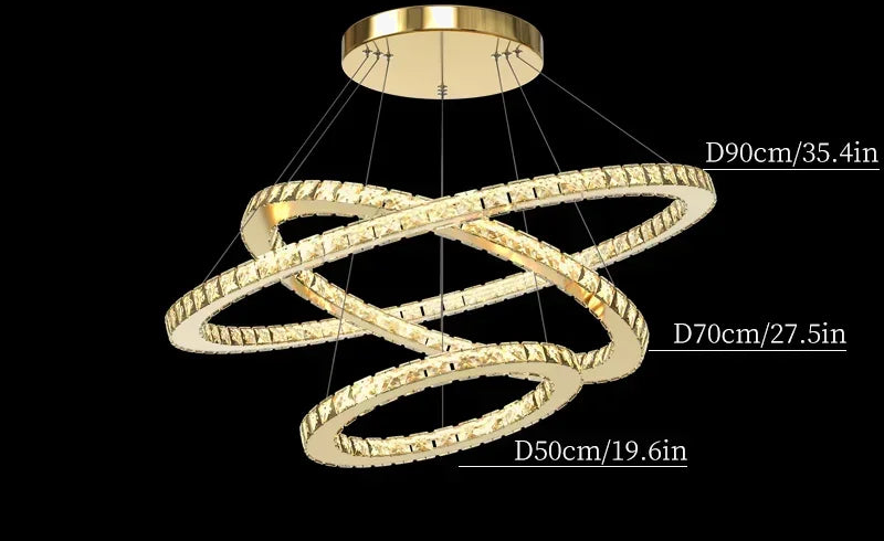 Three intertwined crystal chandelier rings 90cm, 70cm, 50cm suspended from a round ceiling mount.