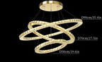 Three intertwined crystal chandelier rings 90cm, 70cm, 50cm suspended from a round ceiling mount.