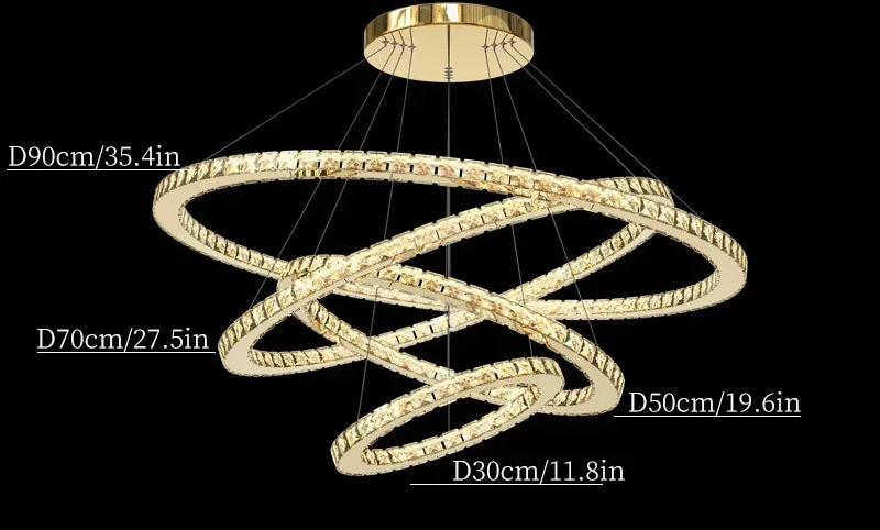 Four-ring dimmable crystal chandelier with intertwined modern pendants, suspended by sleek thin wires.