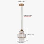 Gold and glass tiered Art Deco chandelier with adjustable chain, labeled measurements shown. No background or other objects.