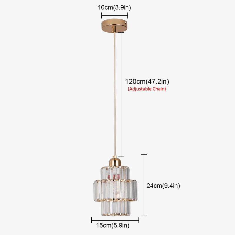 Gold and glass tiered Art Deco chandelier with adjustable chain, labeled measurements shown. No background or other objects.