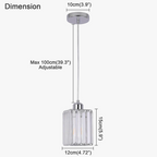 Art Deco chandelier with cylindrical clear glass shade, adjustable cable, and labeled dimensions throughout.