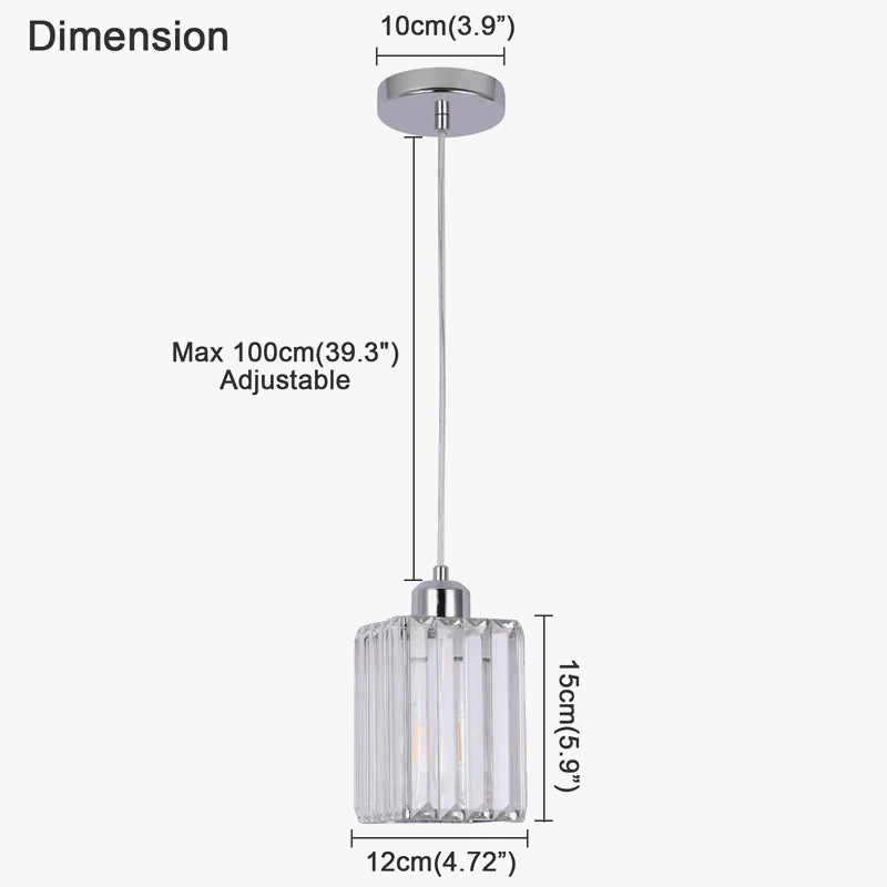 Art Deco cylindrical clear glass pendant chandelier, 12x15cm shade, 10cm plate, adjustable cable.