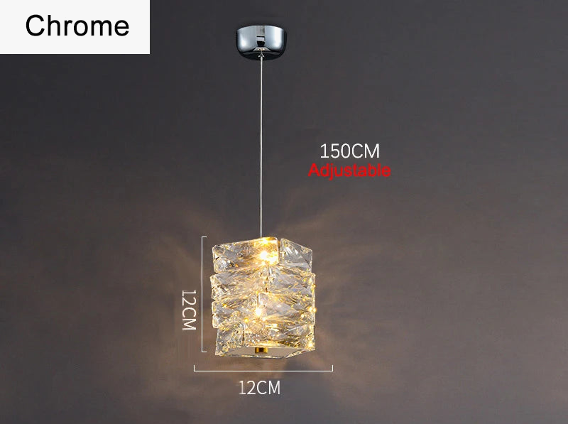 Modern chrome chandelier with cubic crystal glass shades, dimmable LEDs, and adjustable 150cm cords.