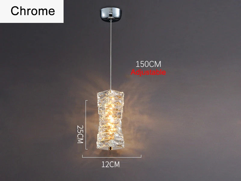 Chrome LED crystal indoor chandelier with textured glass rings, dimmable, adjustable cord, 25x12 cm.