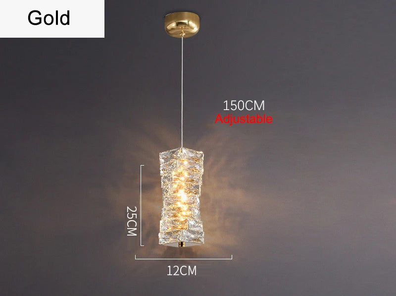 Dimmable LED crystal chandelier with 25cm glass shade, adjustable 150cm wire, elegant industrial design.